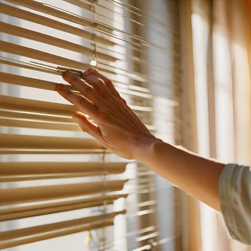 hand showing how to close blinds with 2 strings