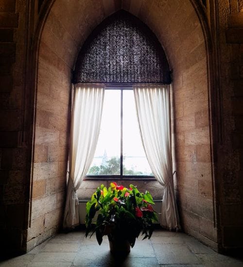 White curtains elegantly complement a 10-foot ceiling hall, accentuated by a charming flower pot, creating a fresh and airy ambiance.