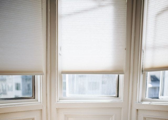 white Honeycomb blinds for the windows in the living room.